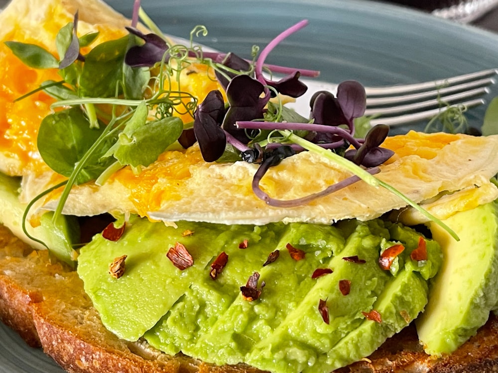 Avocado toast topped with microgreens
